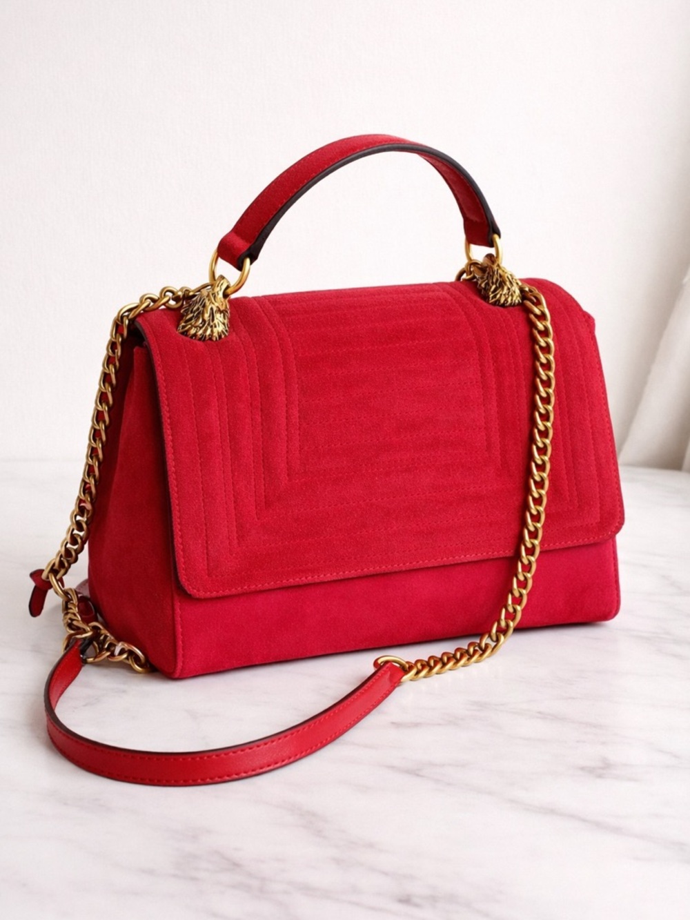 Zara Red Suede Top Handle Chain Bag Structured Flap Crossbody Statement Purse